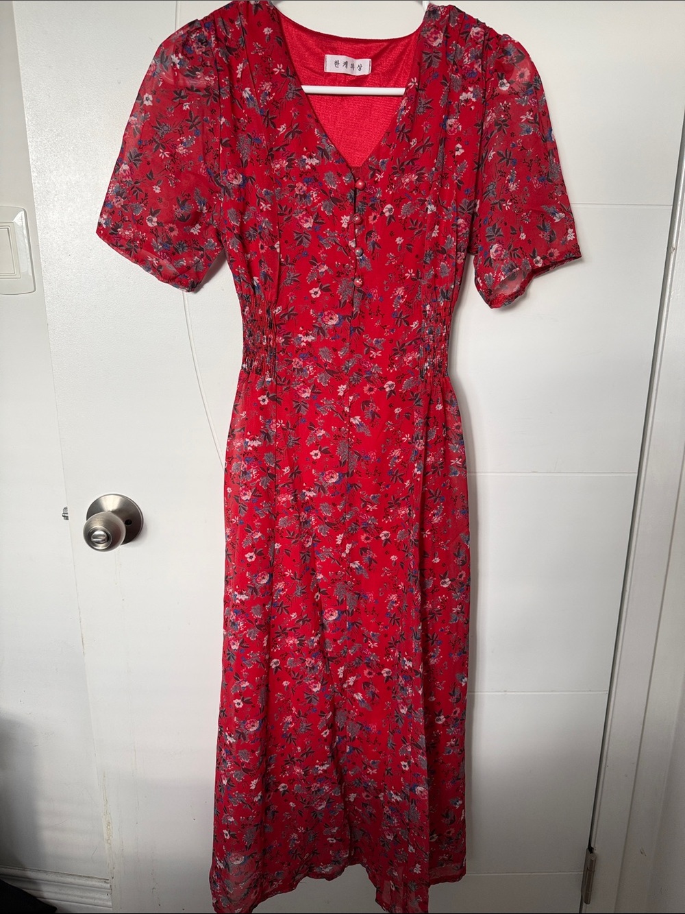 Vibrant Red Floral V-Neck Midi Dress